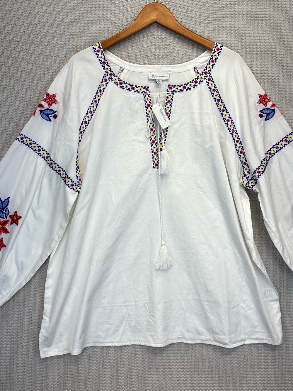 NWT Neiman Marcus Floral Boho White 100% Cotton Tunic Blouse Sz 2X Cottagecore